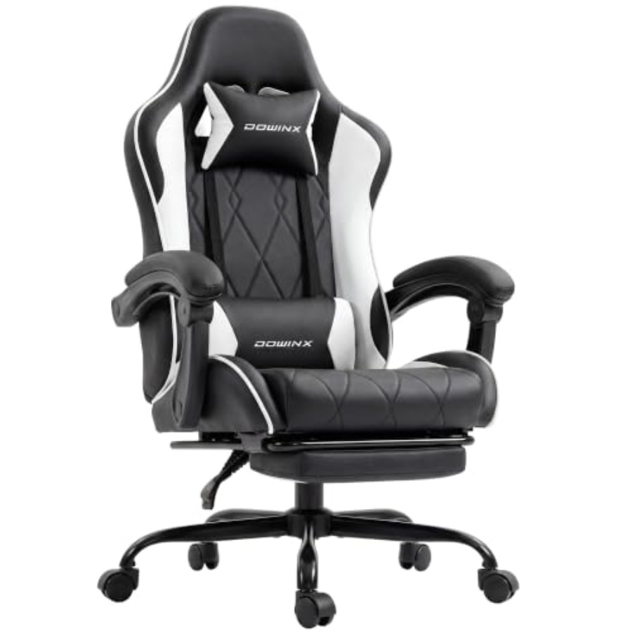 Ergonomic Office Chair - フットレスト付きゲーミングチェア。人間工学に基づいたデザインで、自宅やオフィスでの使用に最適。PUレザー製、ブラック。腰部サポートと高さ調節機能付き。