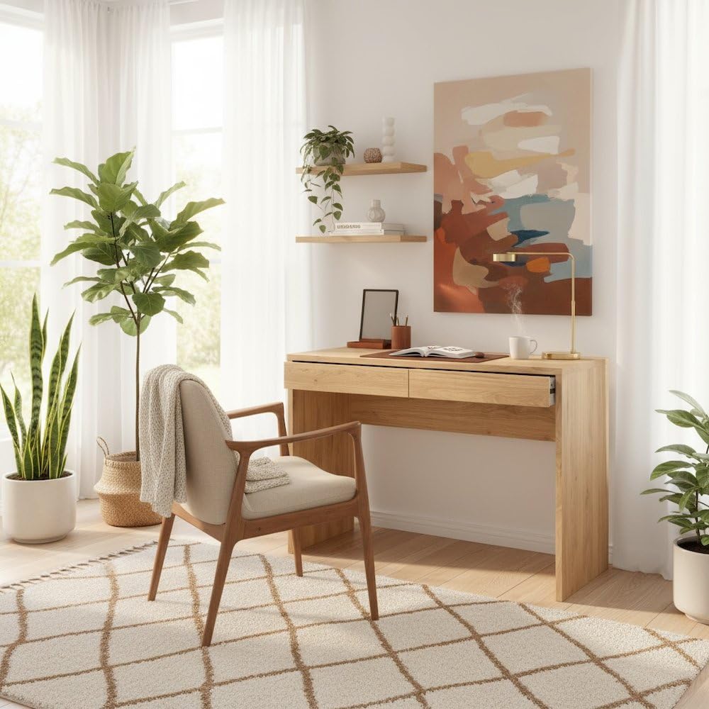 引き出し付きの茶色い木製デスク。家庭用オフィスや寝室での作業 - Home Office Work Table のレビューと価格