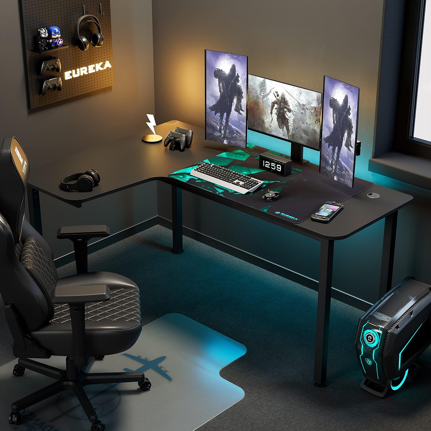 60インチの黒いL字型コーナーデスク。家庭用オフィス、ゲーム - Home Office Work Table のレビューと価格